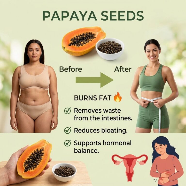 A vibrant and informative graphic showcasing PAPAYA SEEDS with a Before After comparison of women for weight loss a halv