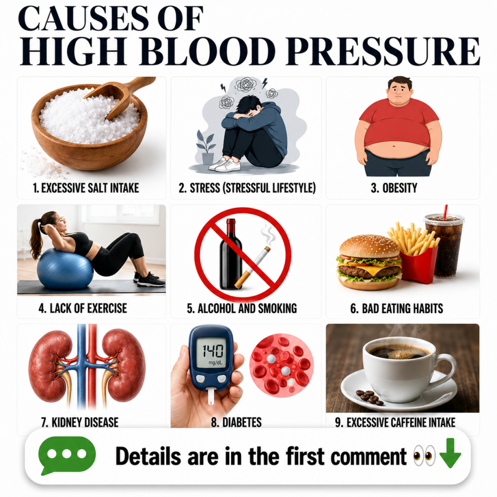An infographic titled Causes of High Blood Pressure with 9 distinct sections illustrating factors like salt stress obesi