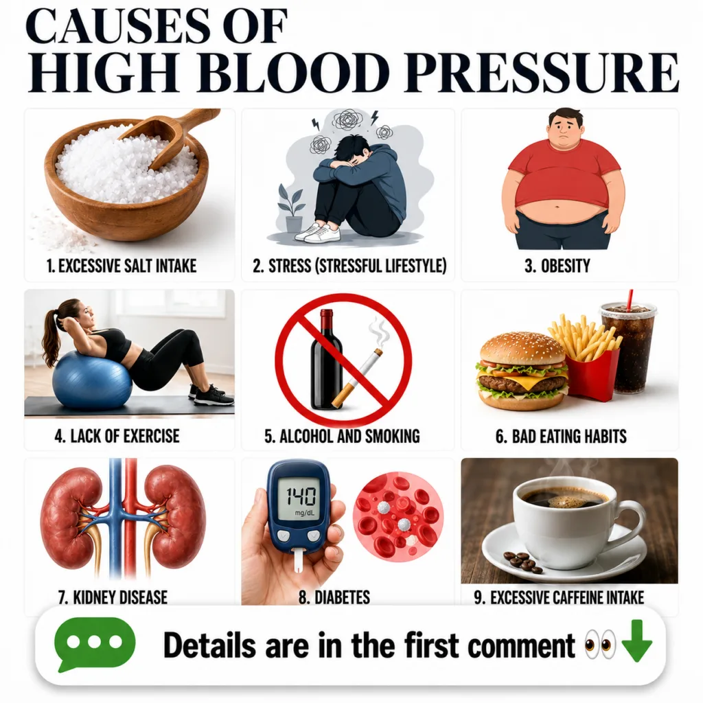 An infographic titled Causes of High Blood Pressure with 9 distinct sections illustrating factors like salt stress obesi