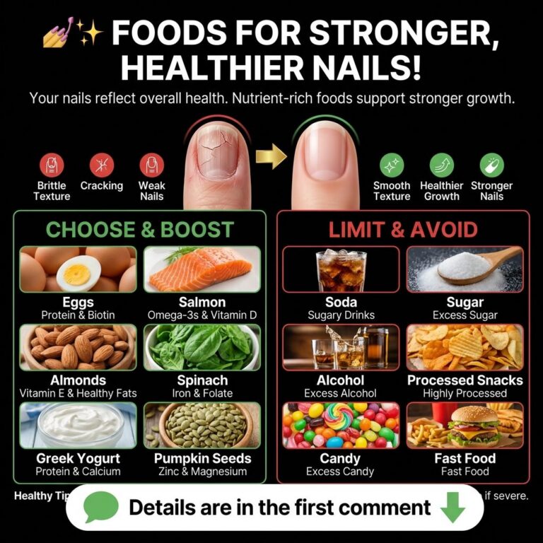 Infographic showing foods to eat and foods to avoid for stronger nails with examples like eggs salmon spinach and avoidi