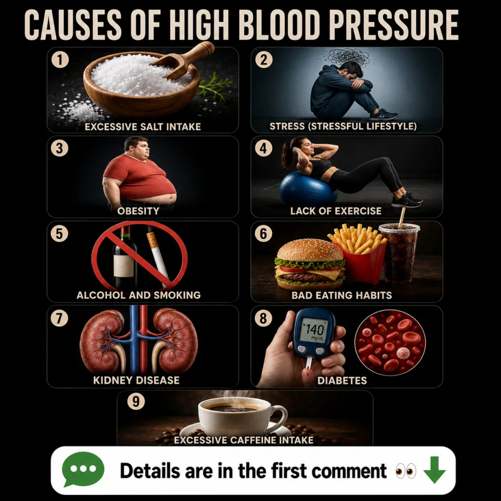 An infographic showing 9 causes of high blood pressure including excessive salt intake stress obesity lack of exercise a