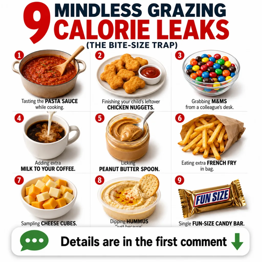 An infographic titled 9 MINDLESS GRAZING CALORIE LEAKS THE BITE-SIZE TRAP showing a 3x3 grid of food items like pasta sa
