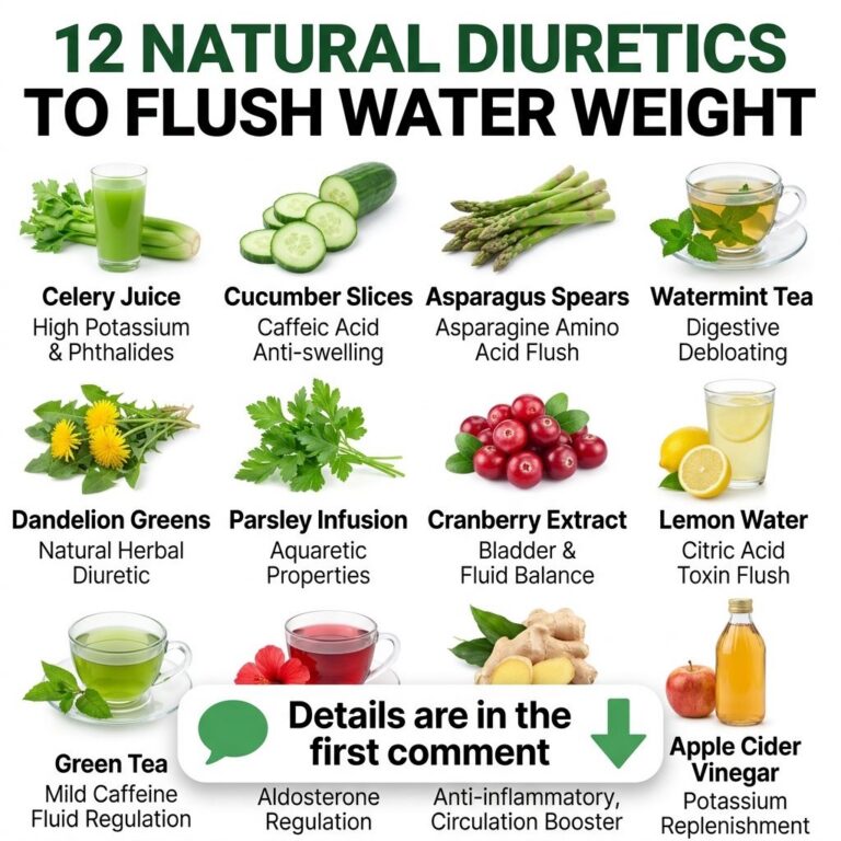 A visually appealing grid of 12 natural diuretics like celery juice cucumber slices dandelion tea cranberry juice hibisc
