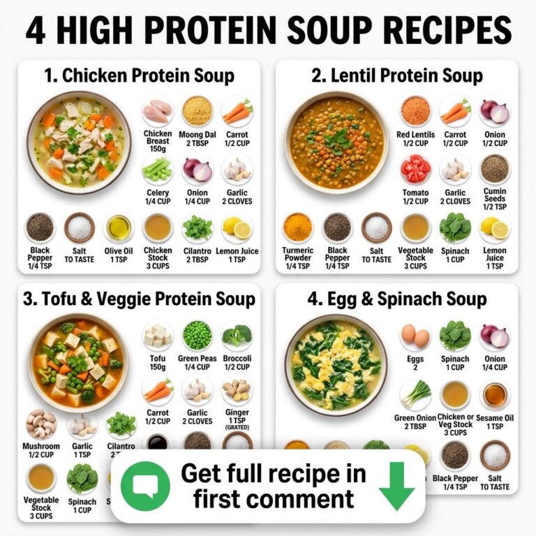 An infographic showing four different high-protein soup recipes with ingredients and quantities in a clean organized gri