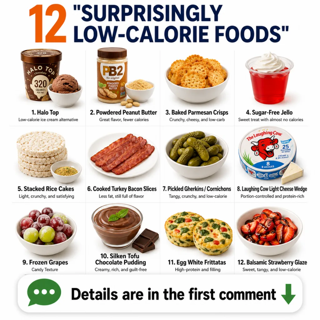 A vibrant grid display featuring 12 surprisingly low-calorie food items each with its name calorie count and a brief des