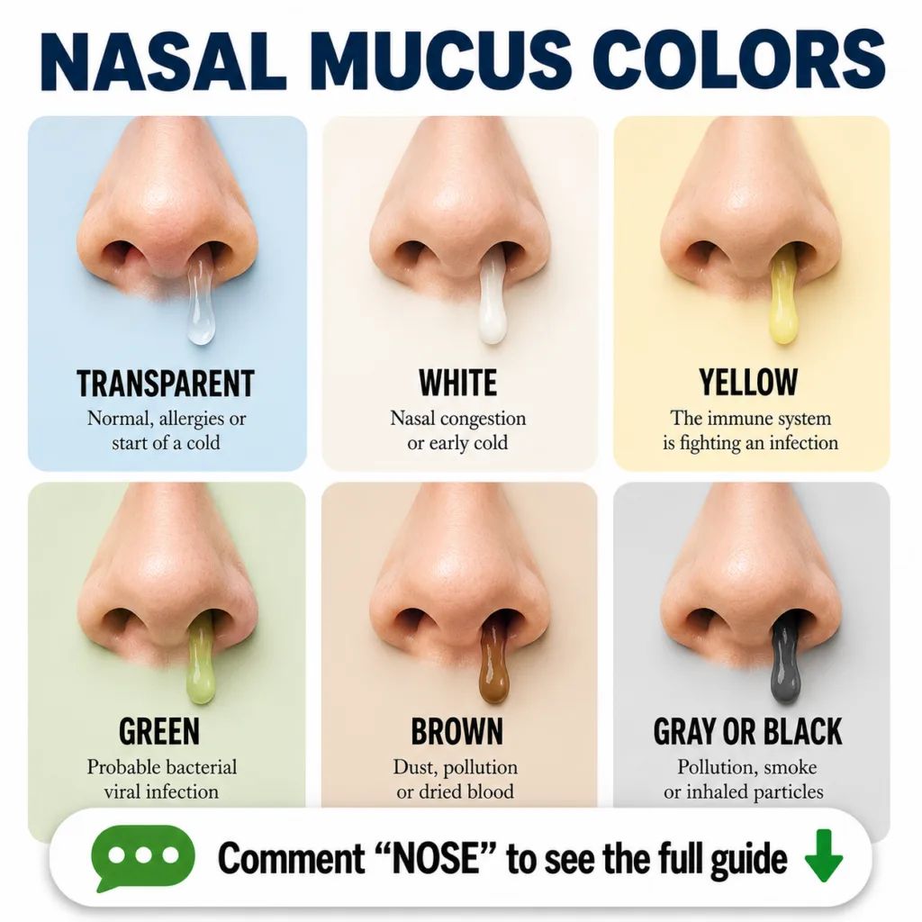 Infographic showing different nasal mucus colors and their health meanings