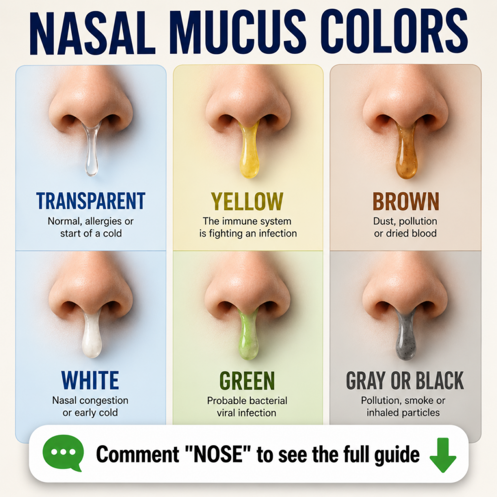 An infographic showing six different colors of nasal mucus each with a close-up image of a nose dripping that specific c