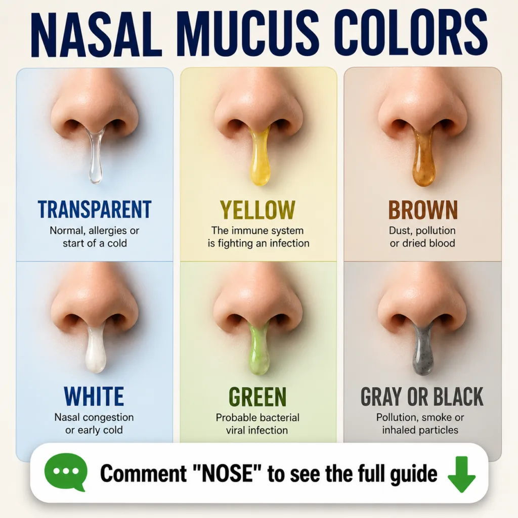 An infographic showing six different colors of nasal mucus each with a close-up image of a nose dripping that specific c