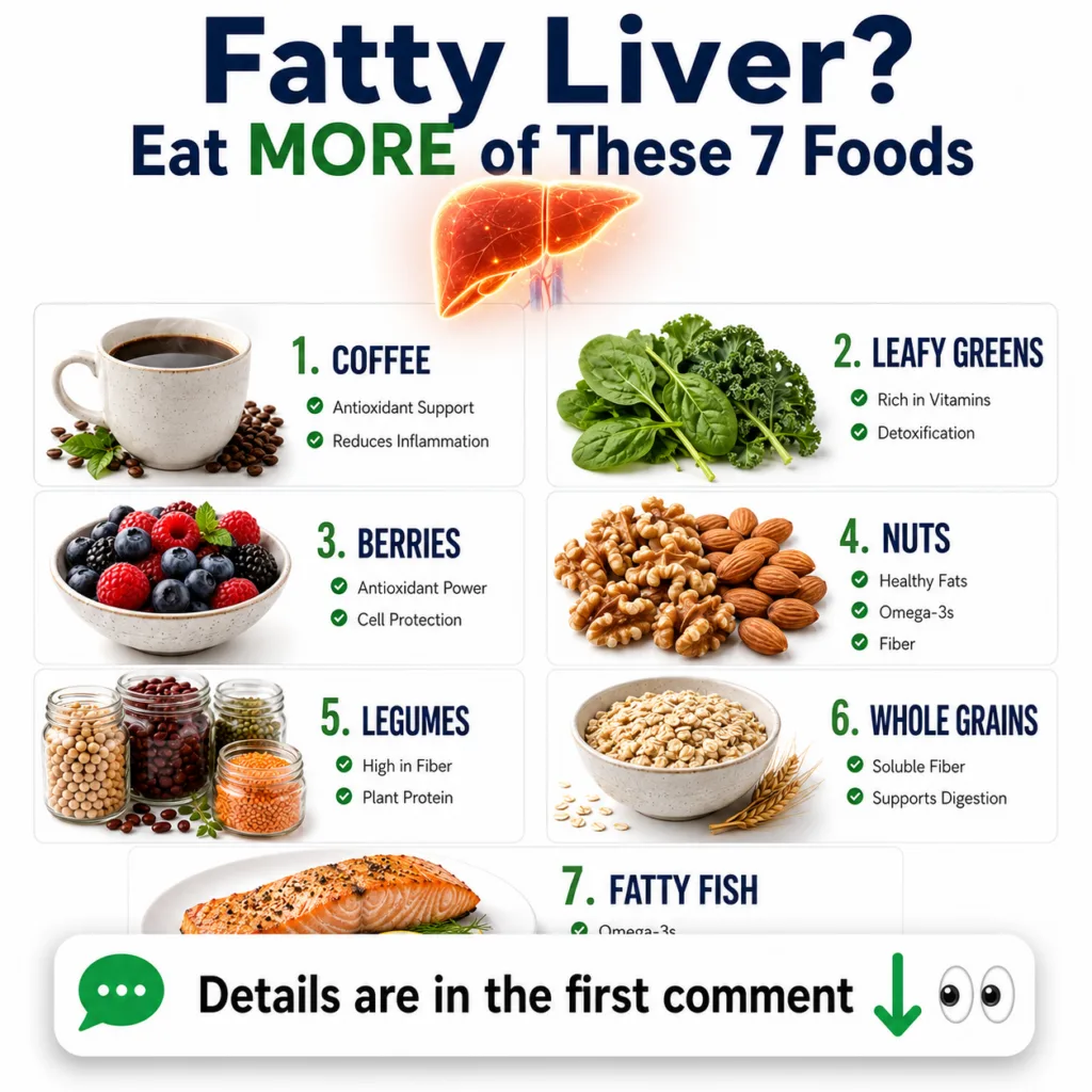 A comprehensive infographic titled Fatty Liver Eat MORE of These 7 Foods showcasing coffee leafy greens berries nuts leg
