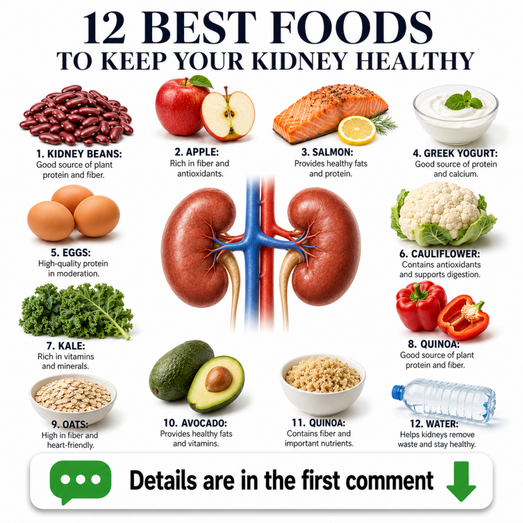 An infographic titled 12 BEST FOODS TO KEEP YOUR KIDNEY HEALTHY featuring a central illustration of human kidneys surrou