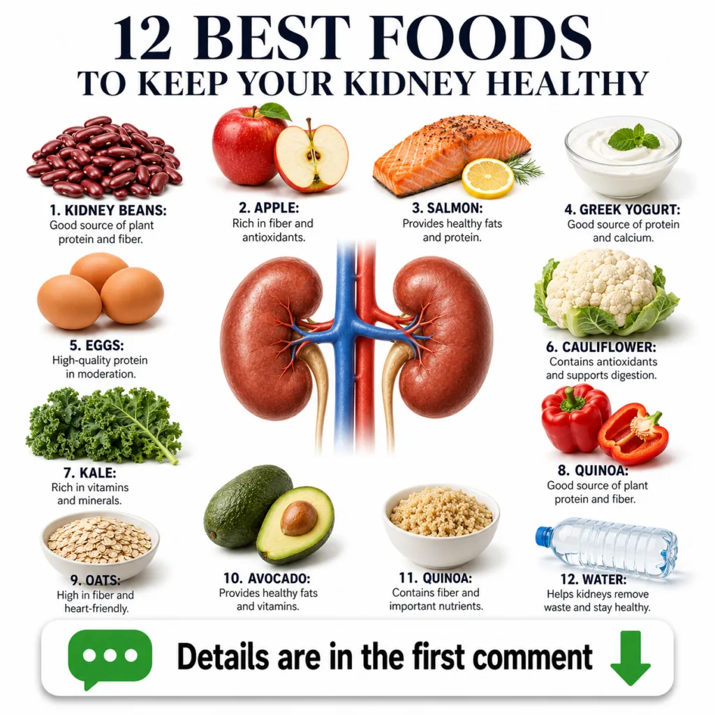 An infographic titled 12 BEST FOODS TO KEEP YOUR KIDNEY HEALTHY featuring a central illustration of human kidneys surrou
