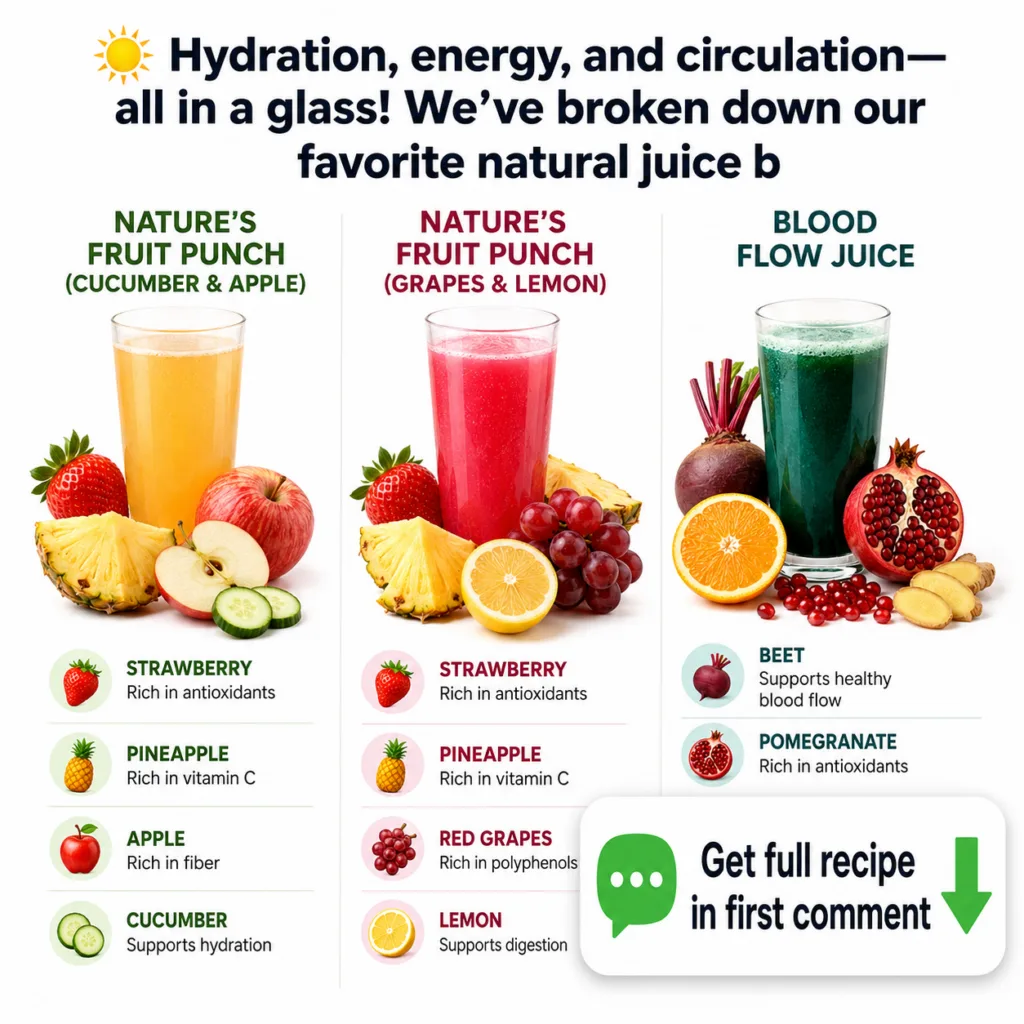 Three vibrant healthy juice recipes Nature s Fruit Punch with Cucumber Apple Nature s Fruit Punch with Grapes Lemon and 