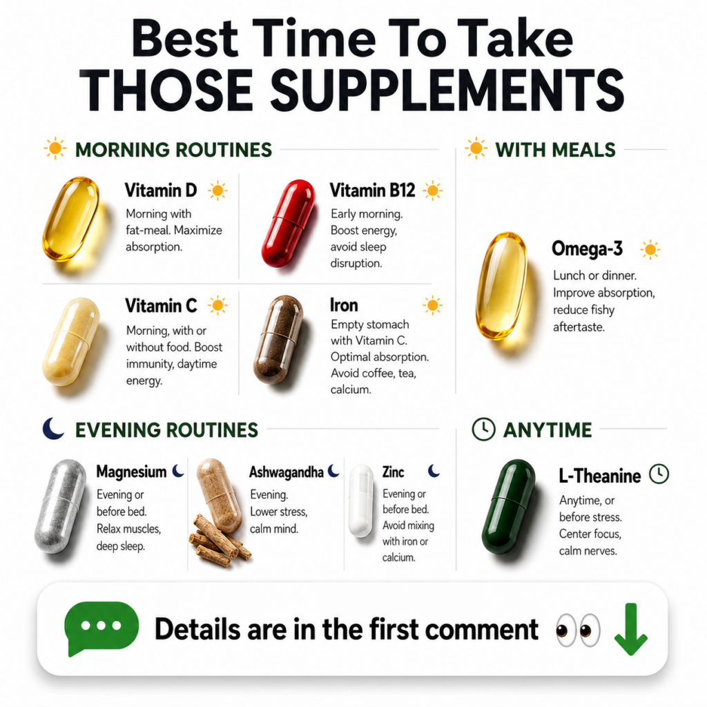 An infographic showing different supplements categorized by the best time to take them Morning With Meals Evening and An