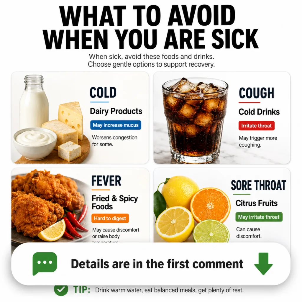 An infographic titled WHAT TO AVOID WHEN YOU ARE SICK showing four panels for COLD COUGH FEVER and SORE THROAT with imag