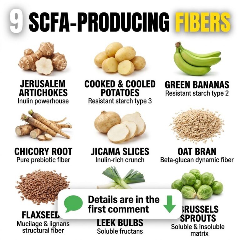 An infographic showing 9 SCFA-producing fibers Jerusalem artichokes cooked cooled potatoes green bananas chicory root ji