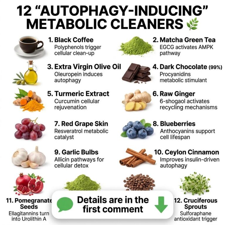 An infographic titled 12 Autophagy-Inducing Metabolic Cleaners showing 12 different food items with descriptions of thei