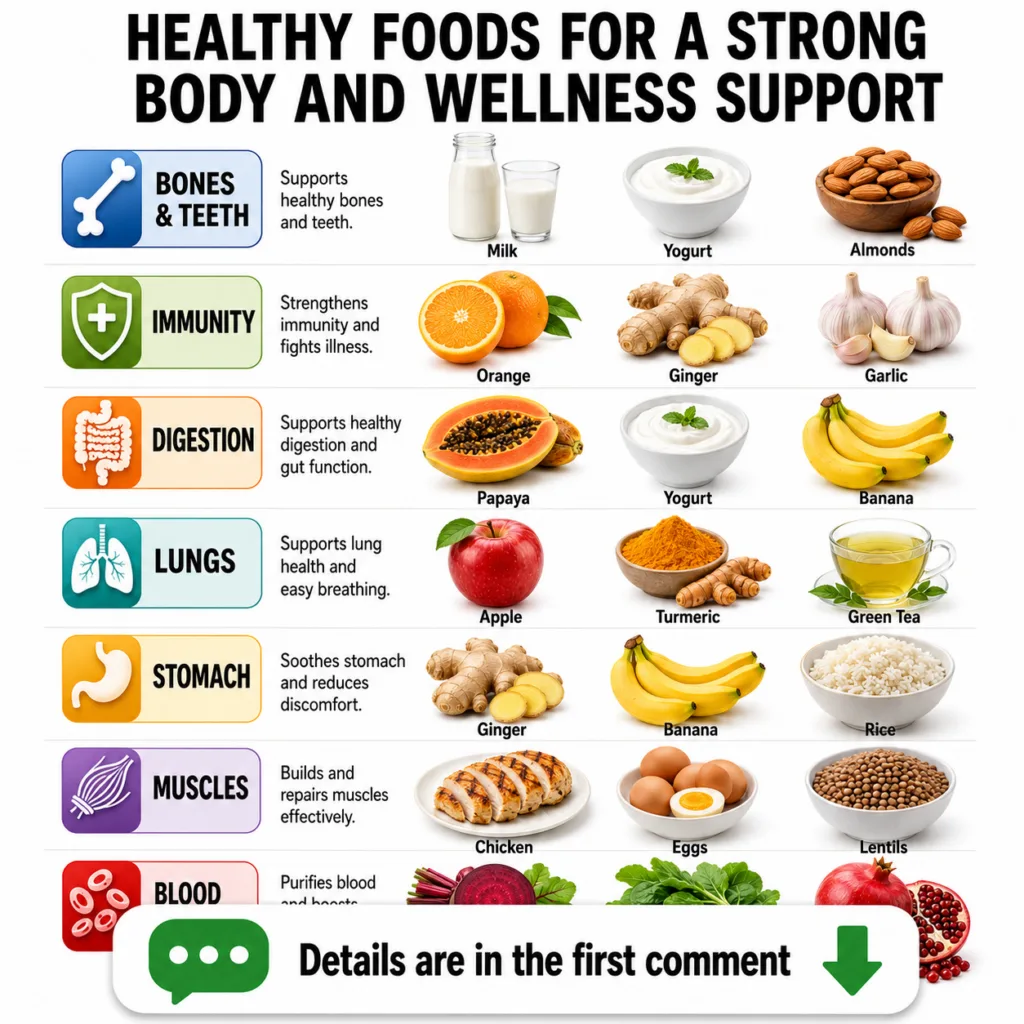 A vibrant and appealing flat lay of various healthy foods categorized or grouped by their benefits for different body pa