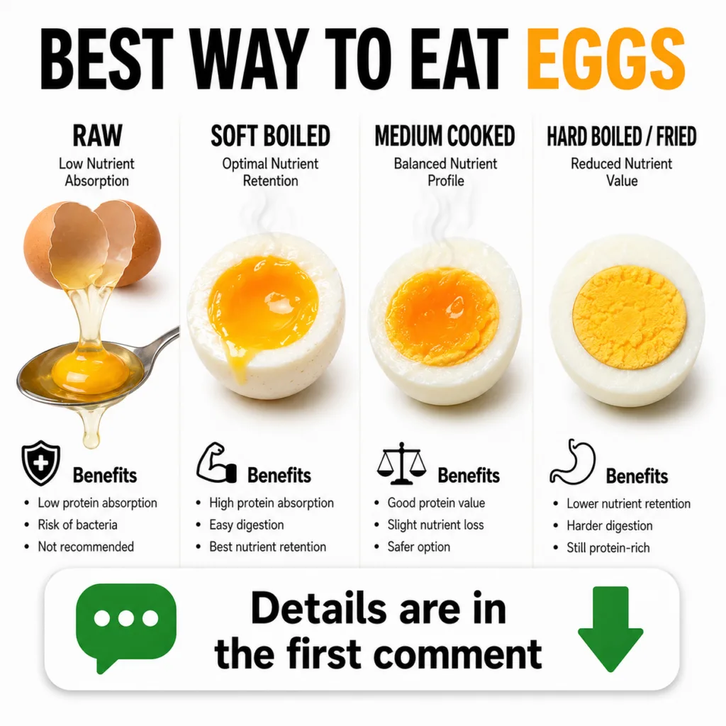 An infographic showing four different egg preparations raw soft-boiled medium-cooked and hard-boiled fried with details 
