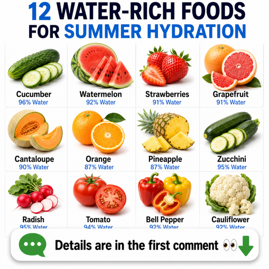 A grid infographic titled 12 WATER-RICH FOODS FOR SUMMER HYDRATION showing images of cucumber watermelon strawberries gr
