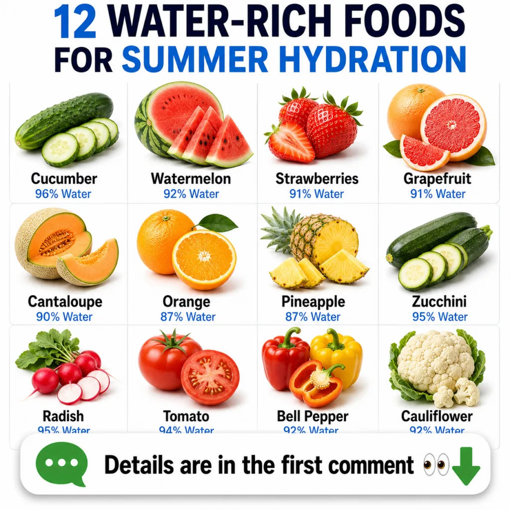 A grid infographic titled 12 WATER-RICH FOODS FOR SUMMER HYDRATION showing images of cucumber watermelon strawberries gr