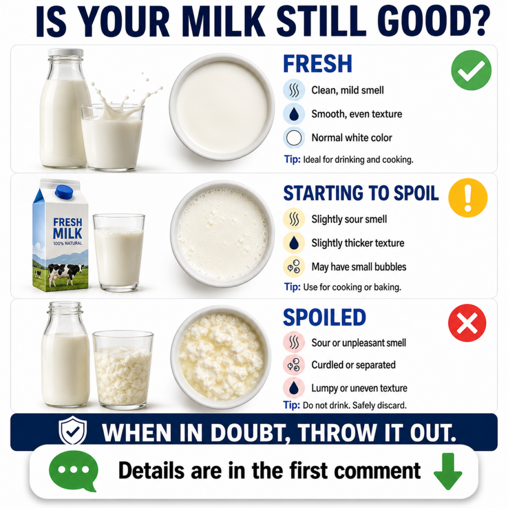 Infographic showing three stages of milk freshness Fresh Starting to Spoil and Spoiled with indicators for smell texture