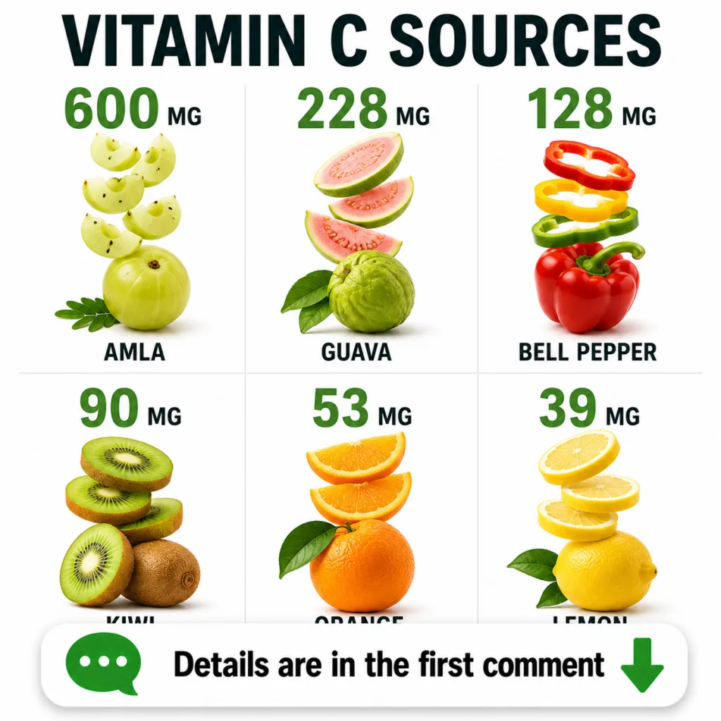 Infographic showing various fruits and vegetables with their Vitamin C content highlighting Amla Guava Bell Pepper Kiwi 