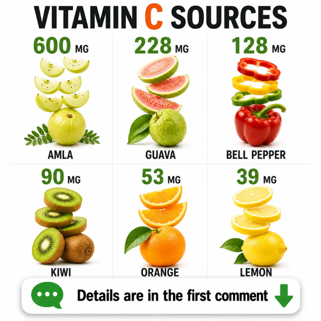 An infographic showing six fruits and vegetables with their respective Vitamin C content in milligrams highlighting Amla