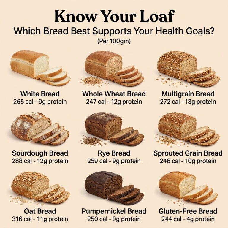 A 3x3 grid comparing nine different types of bread each with its name calorie count and protein content per 100g clearly