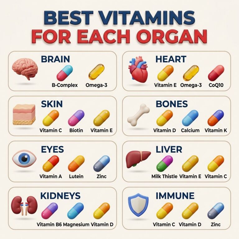 Infographic titled BEST VITAMINS FOR EACH ORGAN showing stylized icons of brain heart skin bones eyes liver kidneys and 