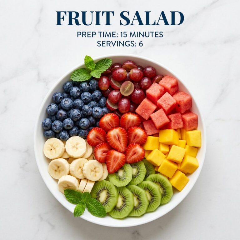 A flat lay of a vibrant colorful fruit salad in a white bowl on a white marble background garnished with mint Text overl
