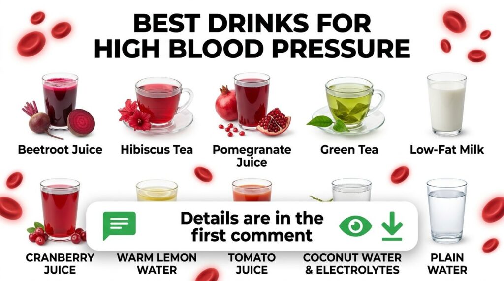 A visual collage of the nine drinks mentioned in the article including beetroot juice hibiscus tea pomegranate juice gre