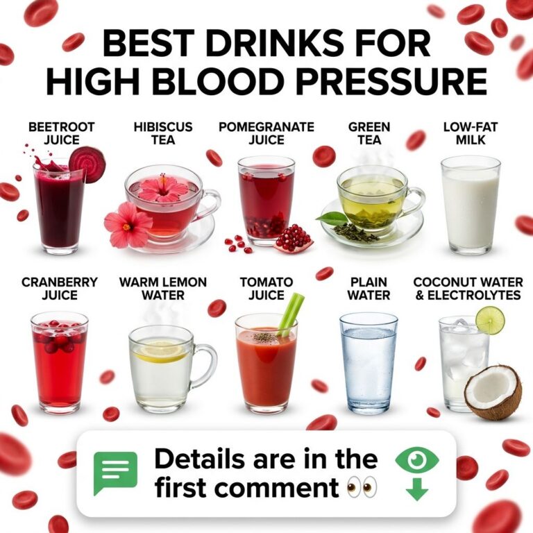 A bright clean infographic titled BEST DRINKS FOR HIGH BLOOD PRESSURE featuring ten different healthy beverages in glass