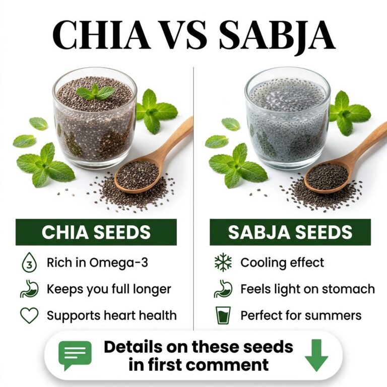 A visual comparison of dry chia seeds in one glass and soaked sabja seeds in another highlighting their appearance and t