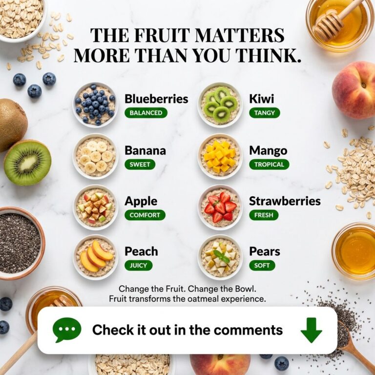 A flat lay of eight small white bowls of oatmeal each topped with a different fruit blueberries kiwi banana mango apple 