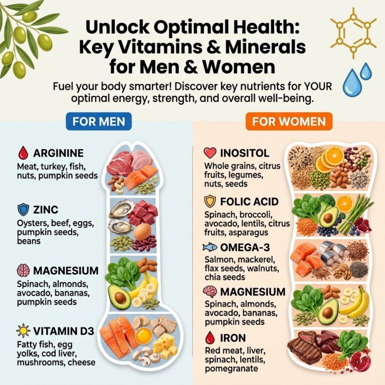 A detailed infographic titled Unlock Optimal Health Key Vitamins Minerals for Men Women showing essential nutrients and 