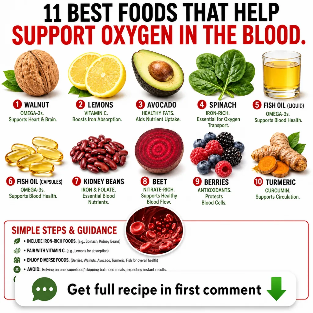 An infographic titled 10 Best Foods that Help Support Oxygen in the Blood showing various food items like walnuts lemons