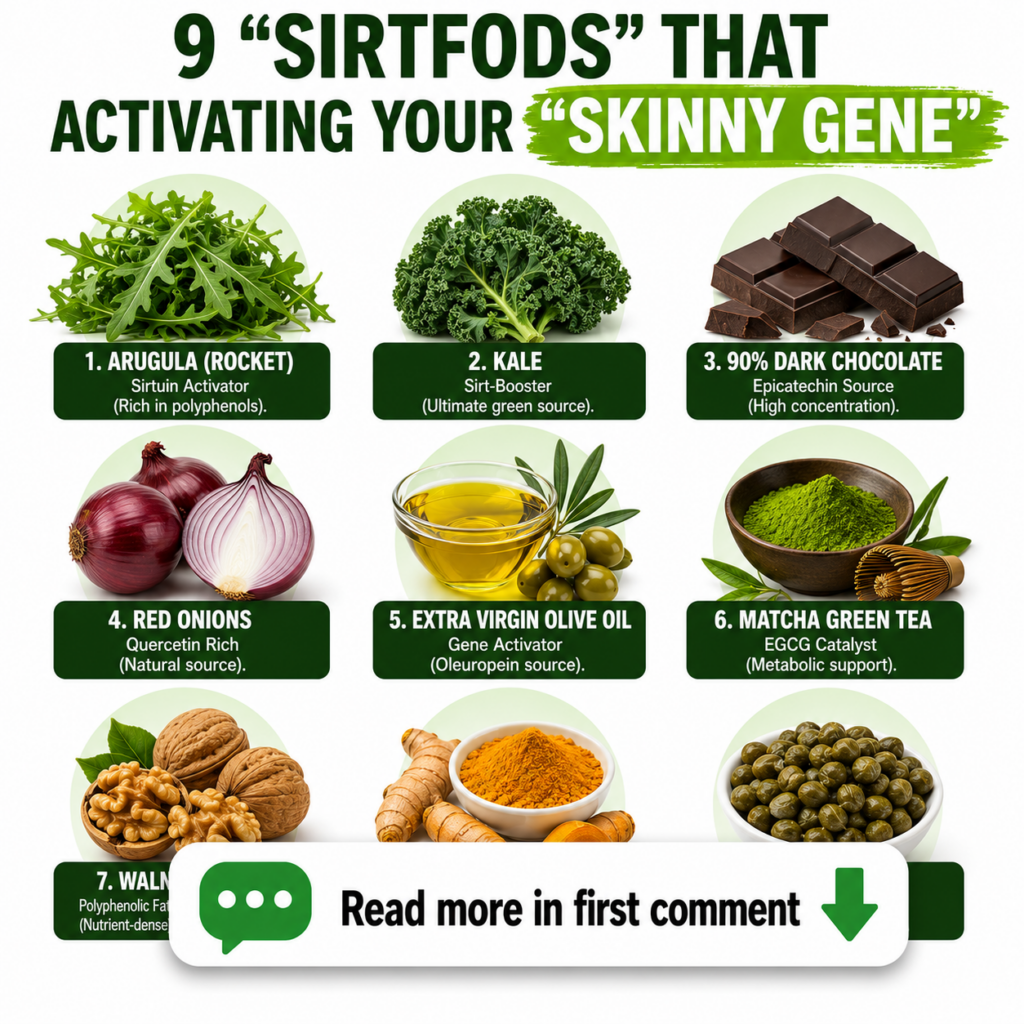 A brightly lit clean and highly informative infographic showcasing 9 Sirtfoods in a grid layout each with its photo numb