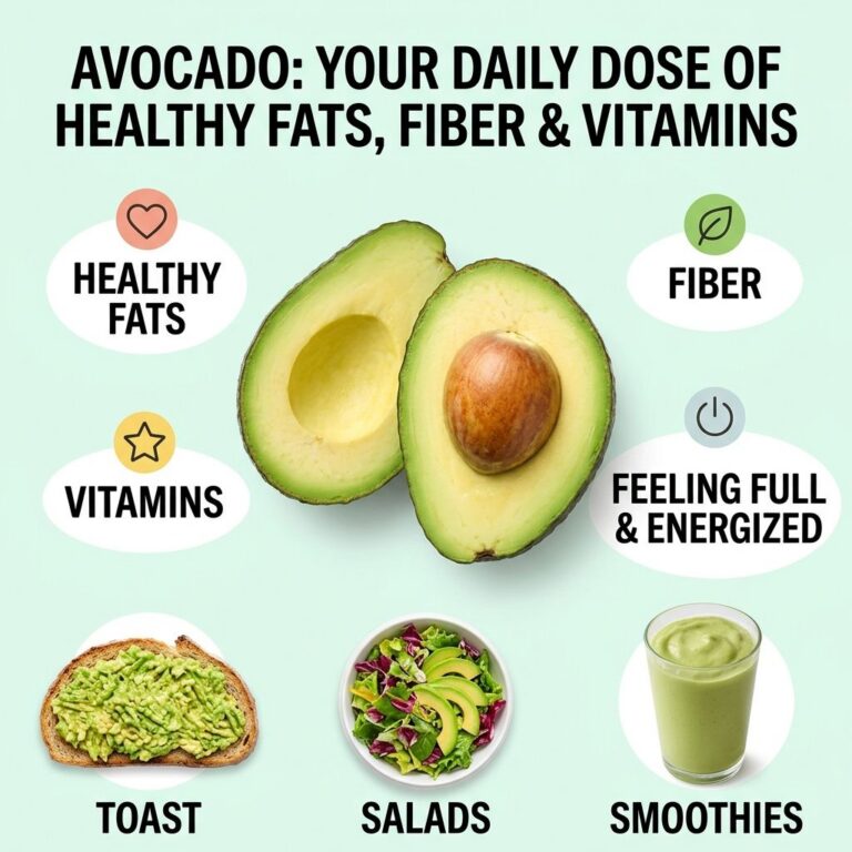 An infographic showing the health benefits and versatile uses of avocado with two avocado halves at the center and infor