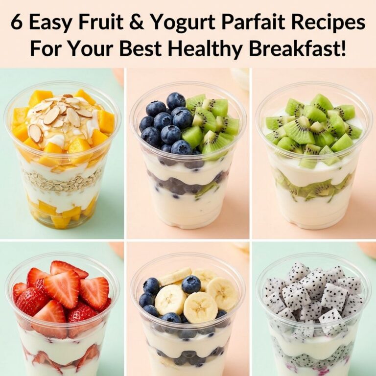 A grid of six different layered fruit and yogurt parfaits in clear cups showcasing vibrant colors and fresh ingredients 