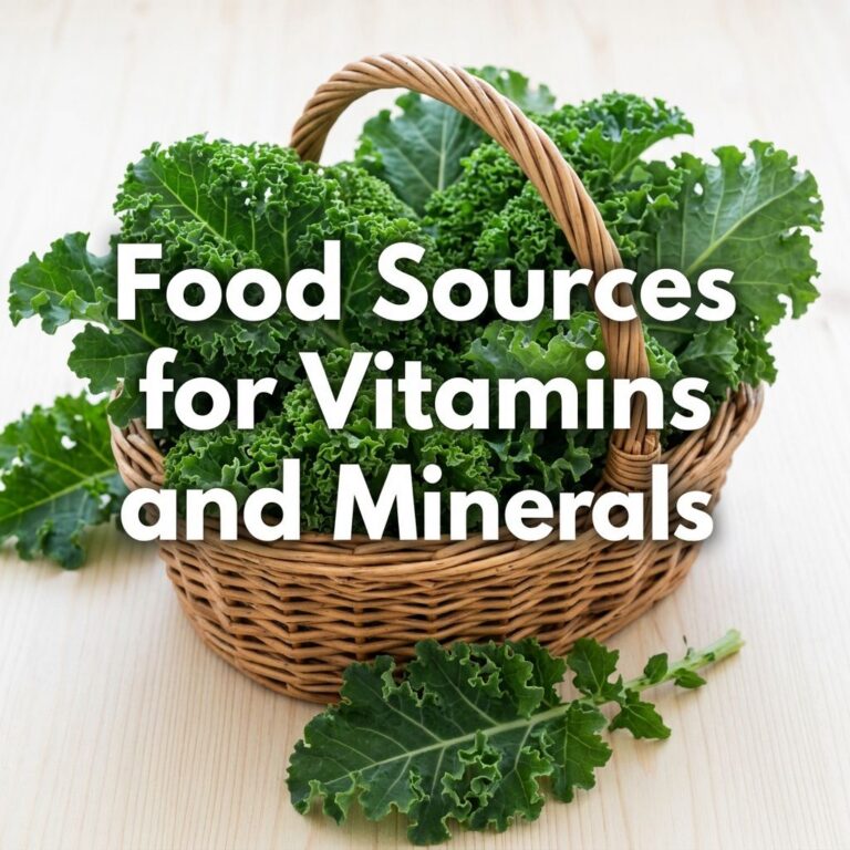 A wicker basket overflowing with fresh vibrant green kale on a light wooden surface with text overlay Food Sources for V