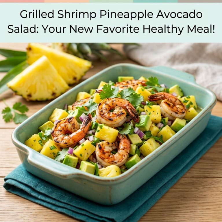 A vibrant and appetizing Grilled Shrimp Pineapple Avocado Salad in a light teal rectangular serving dish with grilled sh