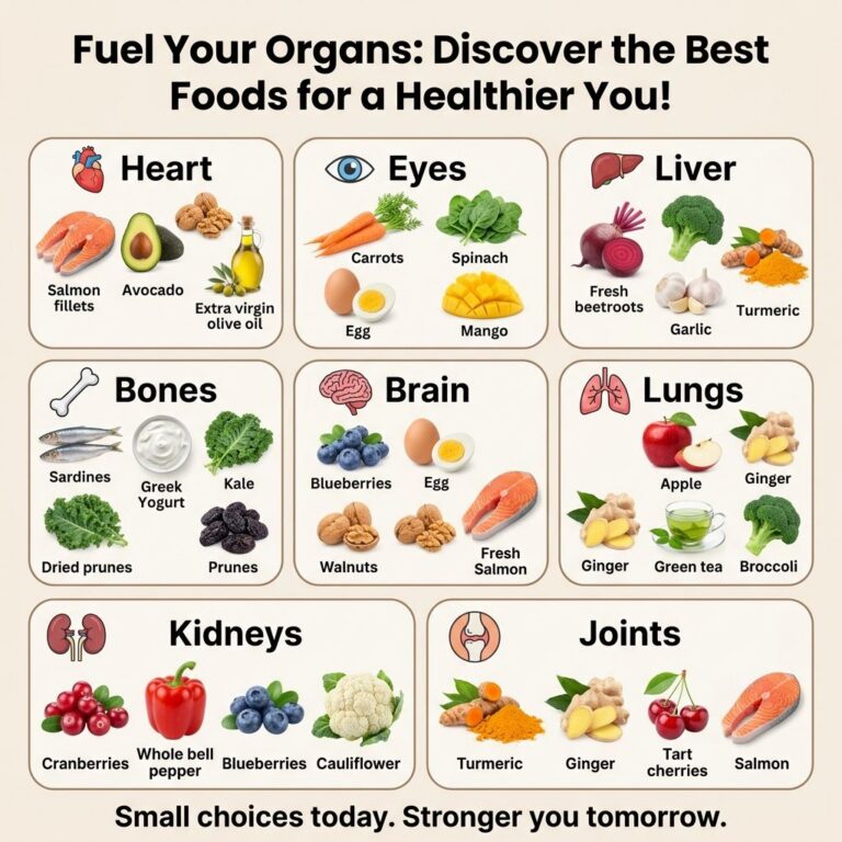 A brightly colored infographic titled Fuel Your Organs Discover the Best Foods for a Healthier You showing a grid of eig