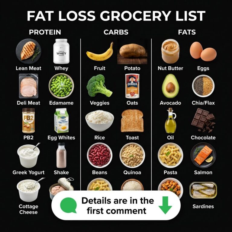 A visually organized fat loss grocery list with categories for protein carbs and fats displaying various food items with