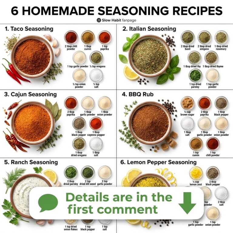 A collection of six homemade spice blends in small bowls surrounded by their individual whole and ground ingredients wit