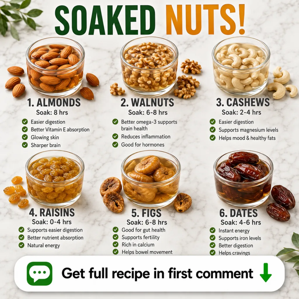 An infographic titled SOAKED NUTS showing six glass bowls with almonds walnuts cashews raisins figs and dates each with 