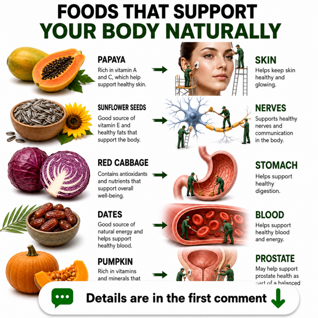 An infographic titled FOODS THAT SUPPORT YOUR BODY NATURALLY showing five foods papaya sunflower seeds red cabbage dates