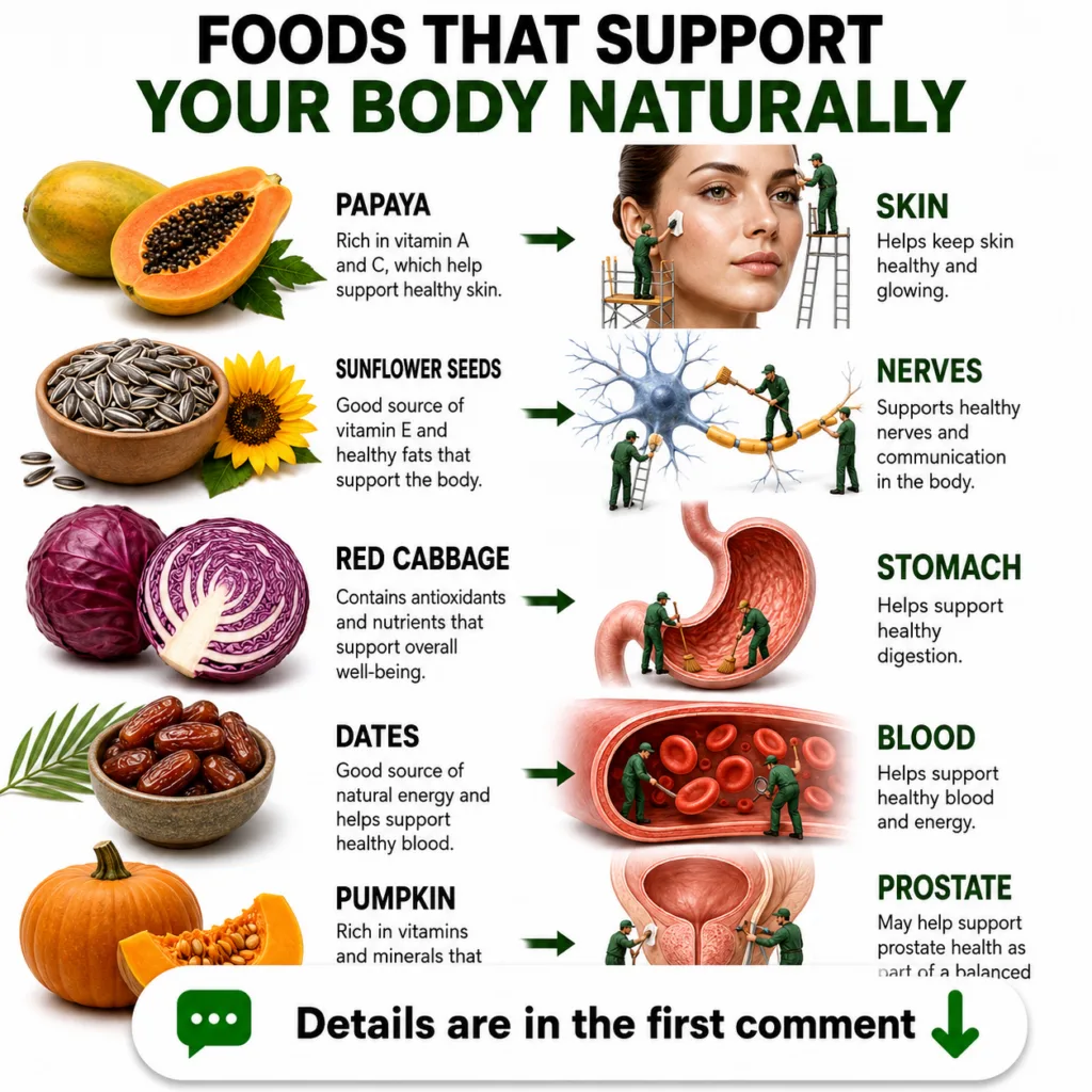 An infographic titled FOODS THAT SUPPORT YOUR BODY NATURALLY showing five foods papaya sunflower seeds red cabbage dates