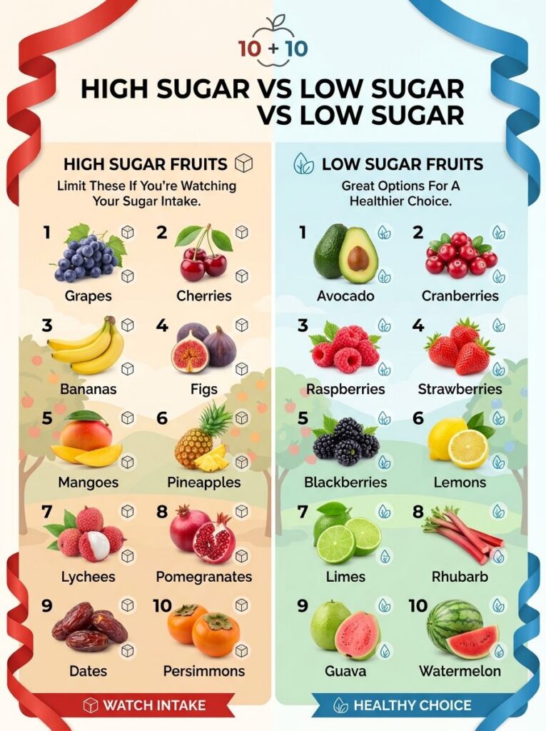 An infographic comparing high sugar fruits vs low sugar fruits with illustrations of each fruit clear labels and advice
