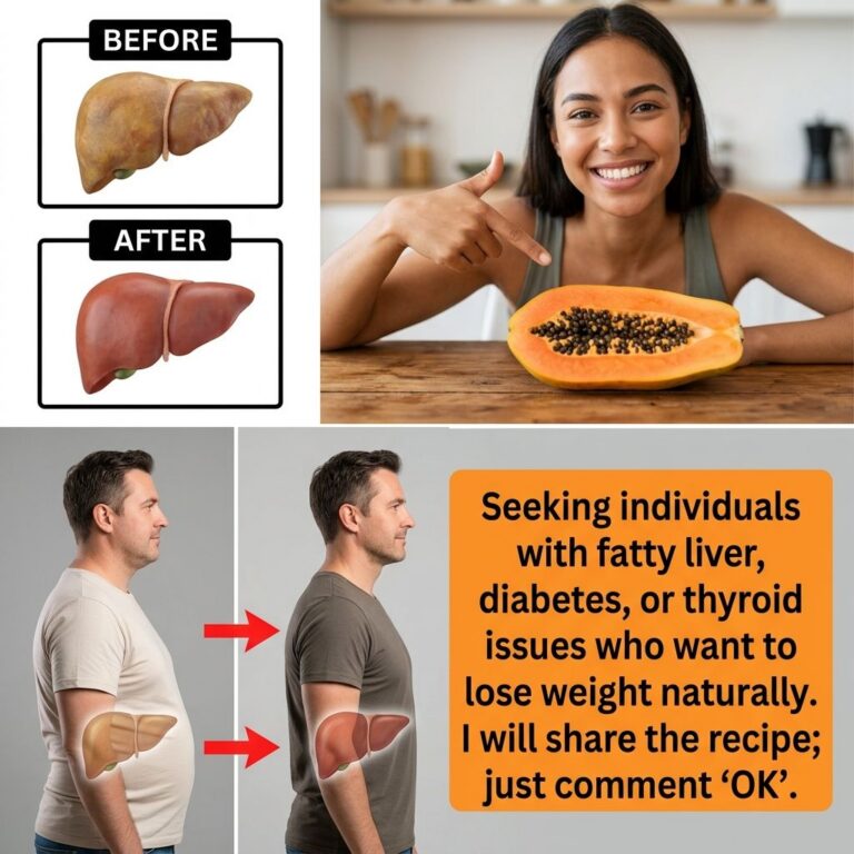 A multi-panel image showing before and after diagrams of a liver diseased to healthy a smiling woman with papaya seeds a