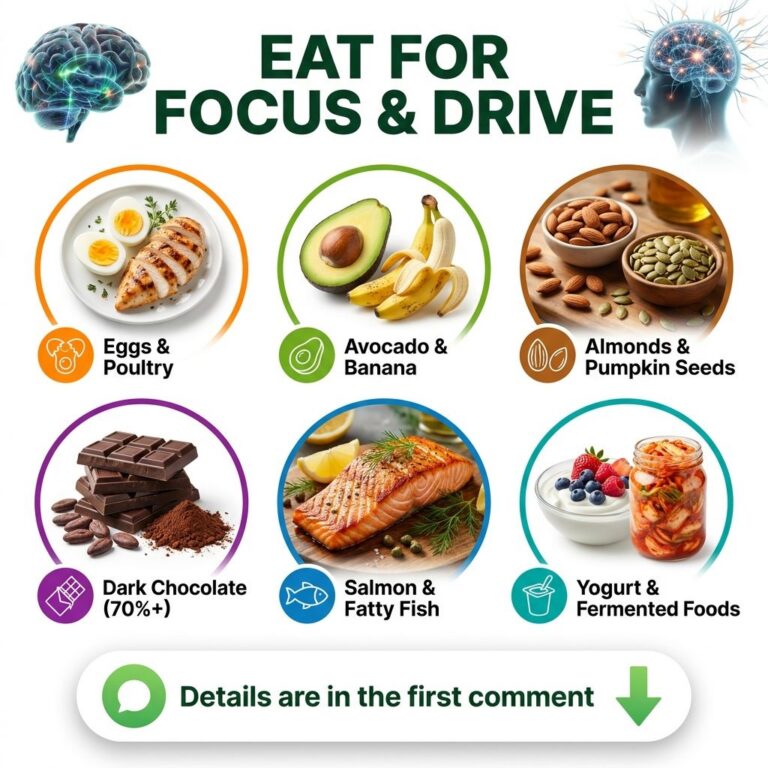 Infographic showing various foods that enhance focus and drive with icons for eggs avocado almonds dark chocolate salmon